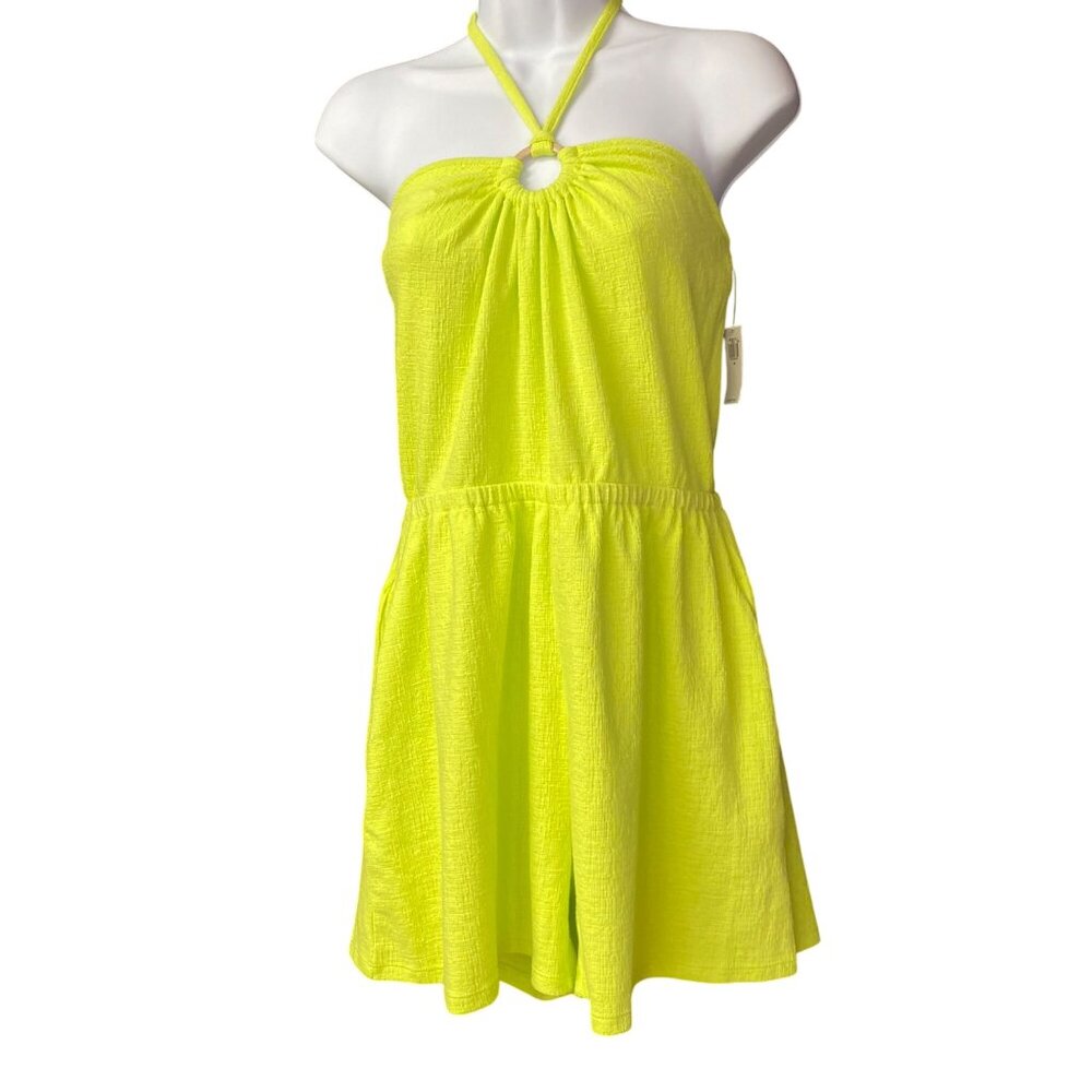 Old Navy Neon Yellow Halter Romper Elastic Waist Keyhole Front Detail Md NWT